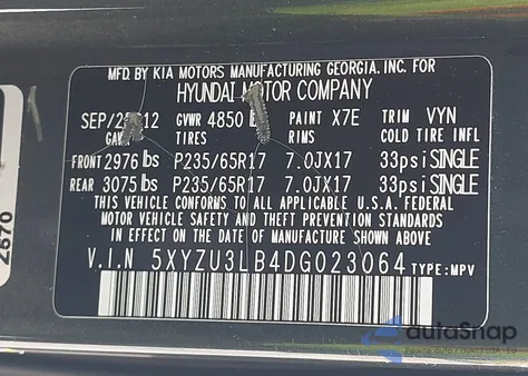 2013 Hyundai Santa Fe Sport z USA, uszkodzony, nr VIN 5XYZU3LB4DG023064